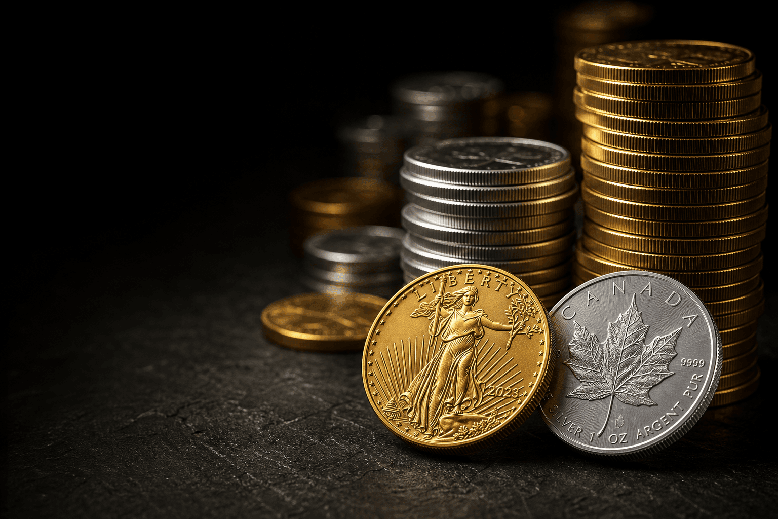 Stacked gold and silver bullion coins